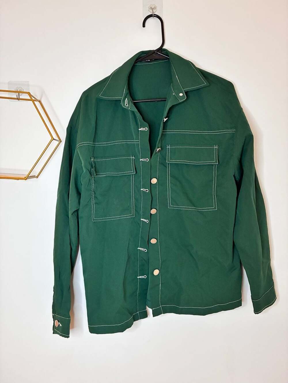 SHEIN Green Button-Up Oversized Pocket Shirt Jacket with Contrast Stitching